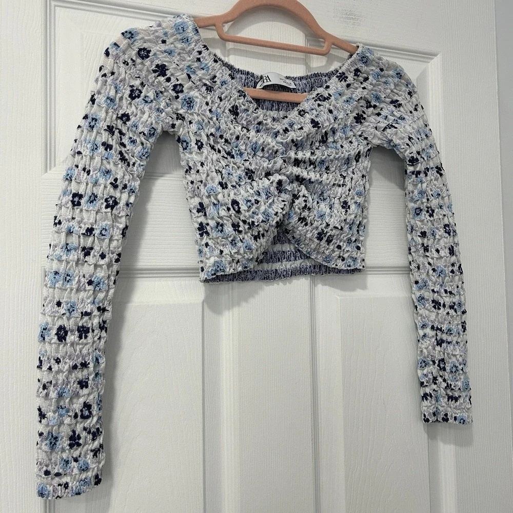 ZARA Smocked Cutout Crop Top Floral Long‎ Sleeve Cottagecore Y2K Coquette Small